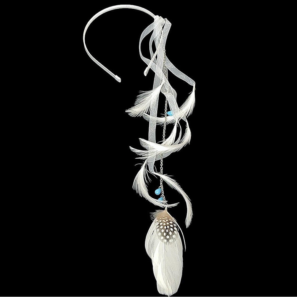 Y2K Bebe Boho White Feather Drop Chain Headband Beaded Turquoise Drape Ribbon